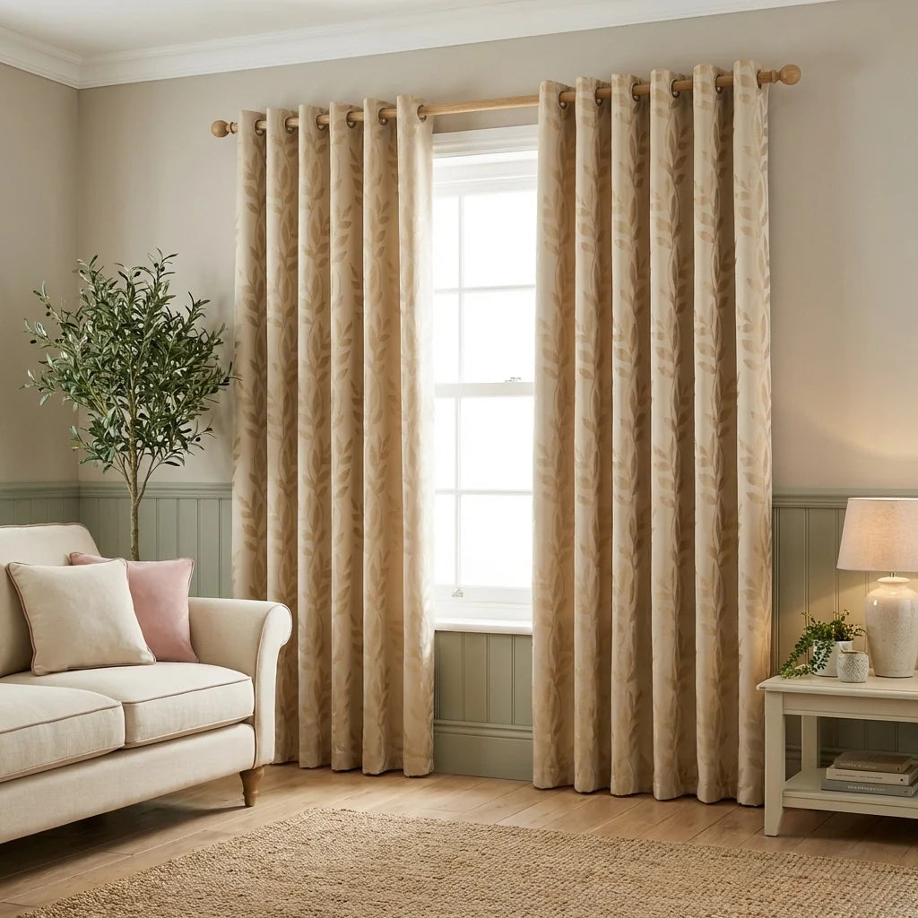 Tivoli Leaf Jacquard Lined Latte Eyelet Curtains