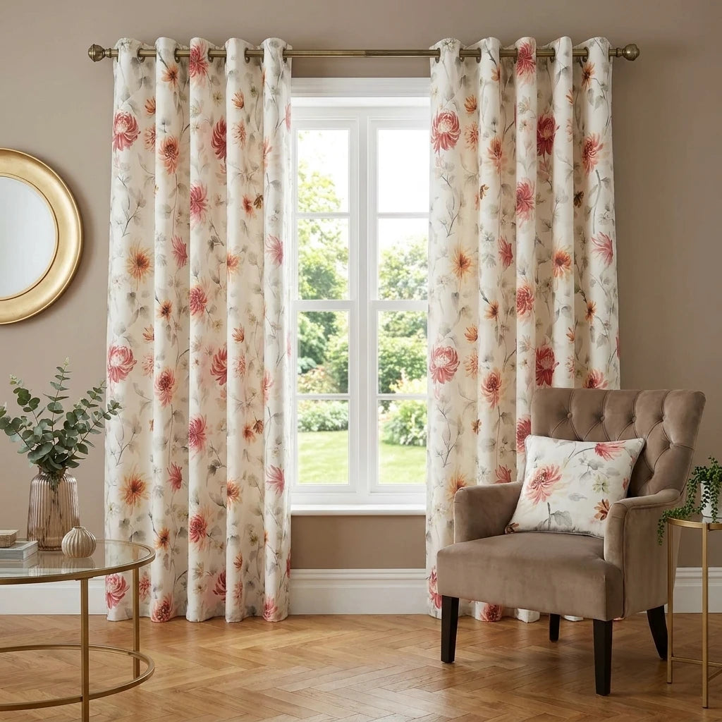 Nadia Floral Beige Eyelet Curtains Ready Made 1