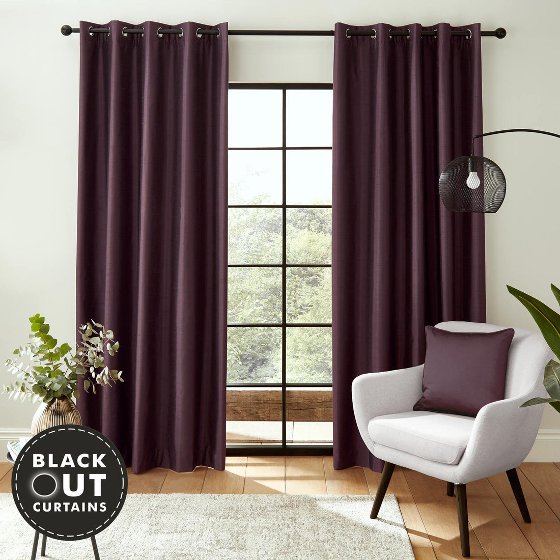 Catherine Lansfield Aubergine Blackout Eyelet Curtains