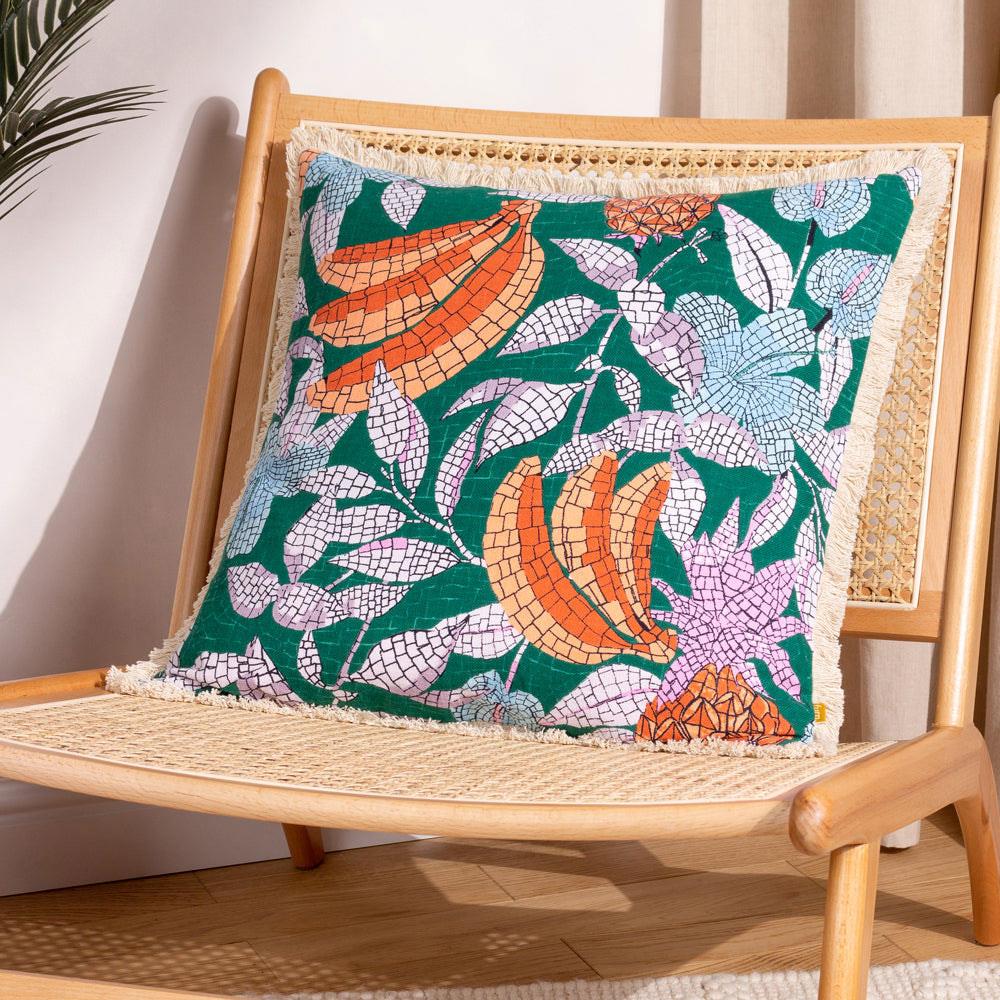 Cypressa Floral Mosaic 100% Cotton Teal Cushion Cover 50cm x 50cm