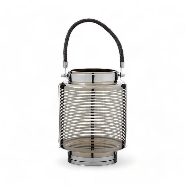 Nickel Stripe Glass Large Lantern with Faux Leather Handle