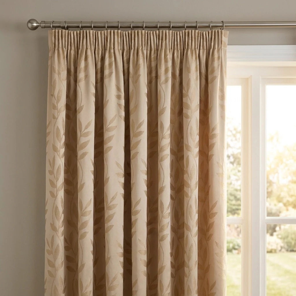 Tivoli Leaf Jacquard Lined Tape Top Pencil Pleat Curtains - Latte image 2