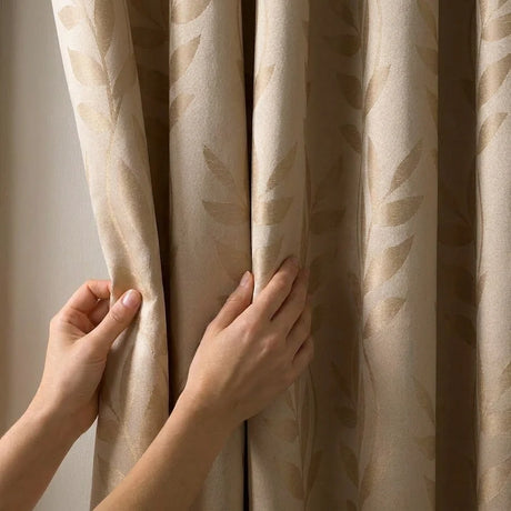 Tivoli Leaf Jacquard Lined Tape Top Pencil Pleat Curtains - Latte image 3