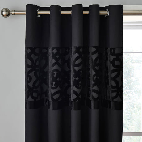 Catherine Lansfield Lattice Cut Velvet Eyelet Curtains - Black Dimout