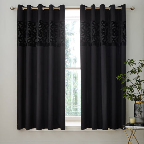 Catherine Lansfield Lattice Cut Velvet Eyelet Curtains - Black Dimout - Lattice Cut Curtains Black