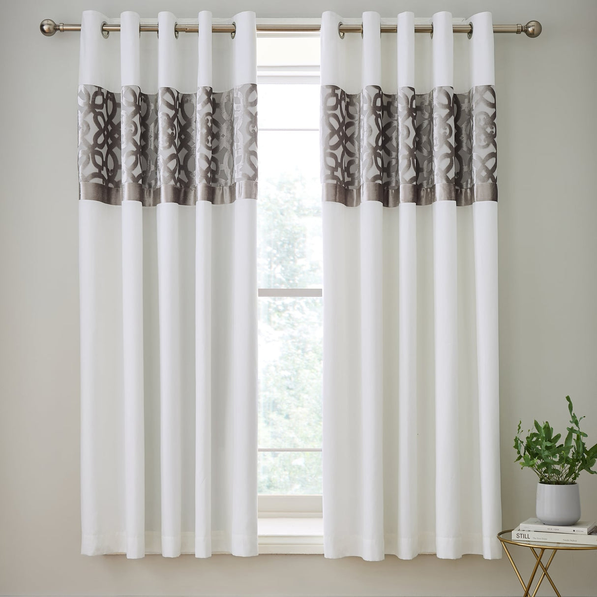 Catherine Lansfield Lattice Cut Velvet Eyelet Curtains - Natural Dimout - Lattice Cut Curtains Natural