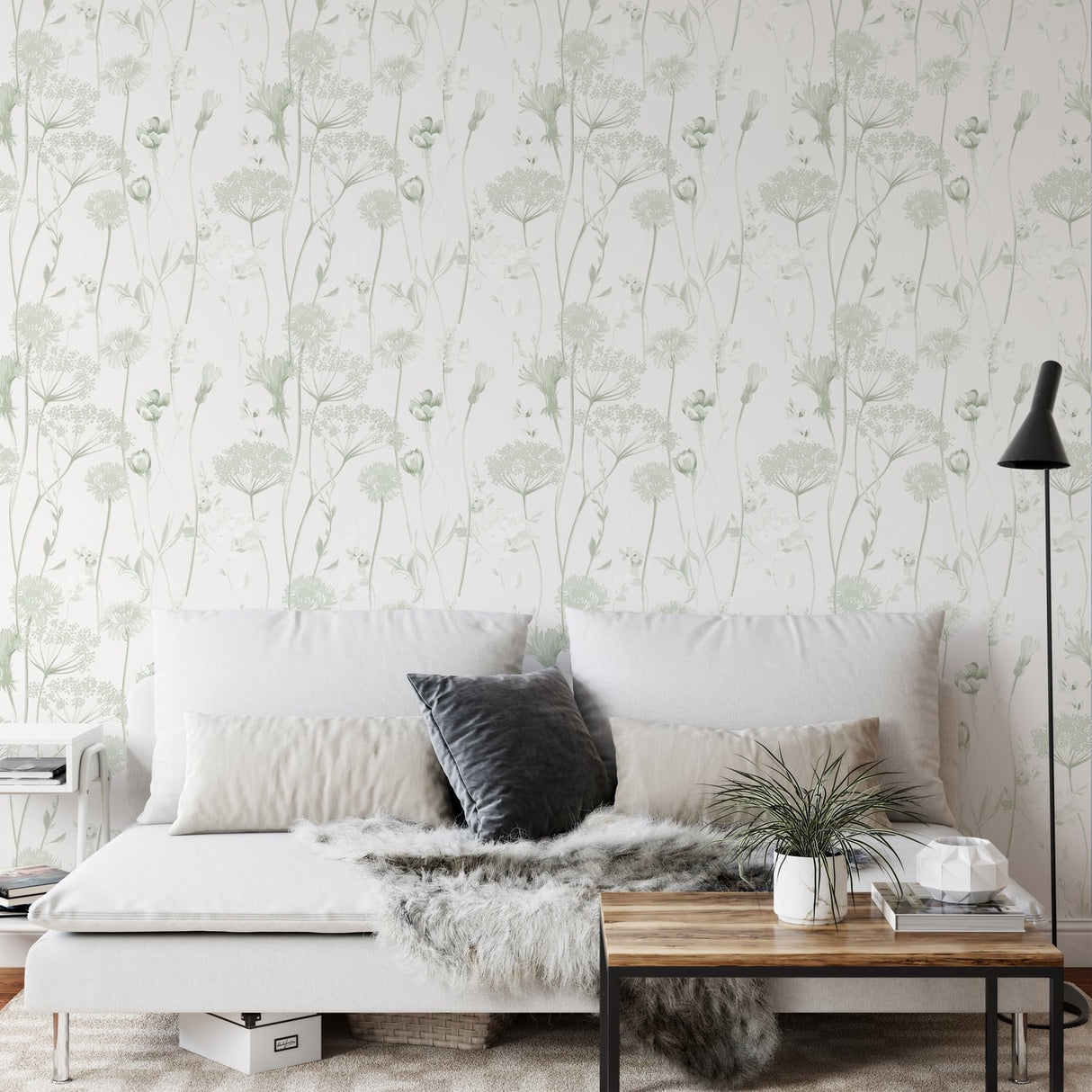 Catherine Lansfield Meadowsweet Floral Wallpaper Blue - Meadowsweet Floral Sage Green Wallpaper