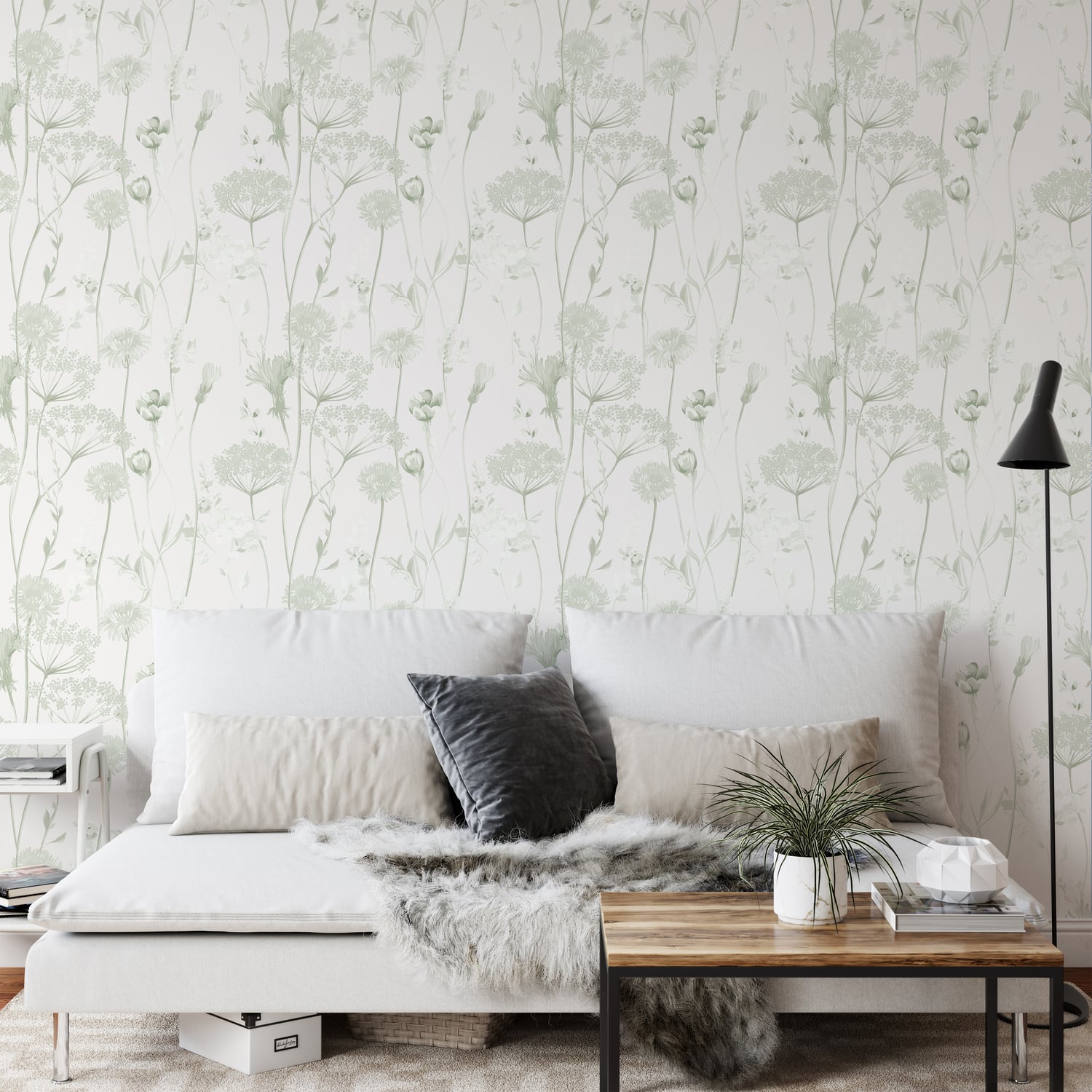 Catherine Lansfield Meadowsweet Floral Wallpaper Blue - Meadowsweet Floral Sage Green Wallpaper