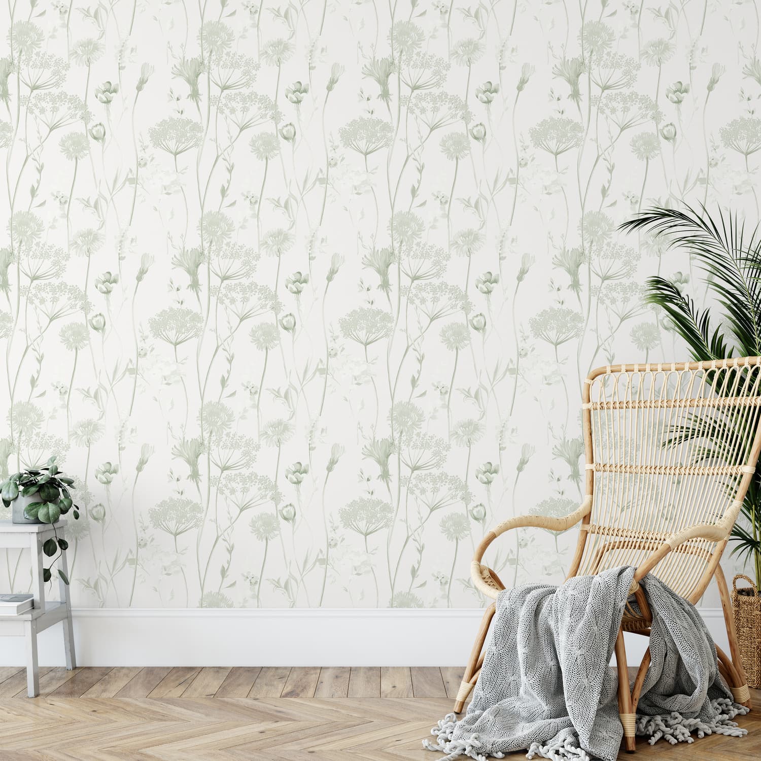 Catherine Lansfield Meadowsweet Floral Wallpaper Blue - Meadowsweet Floral Sage Green Wallpaper