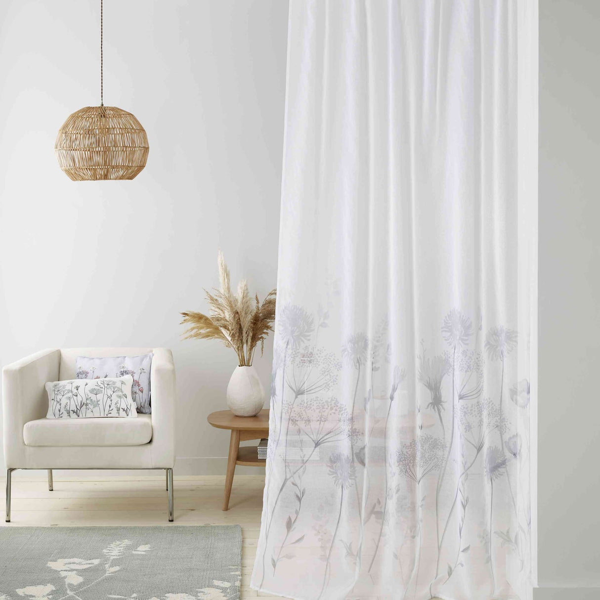 Catherine Lansfield Meadowsweet Floral Voile Curtain Panel - Meadowsweet Floral Voile