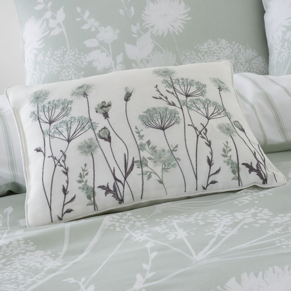 Catherine Lansfield Meadowsweet Floral Embroidered Filled Cushion 30x40cm - Green