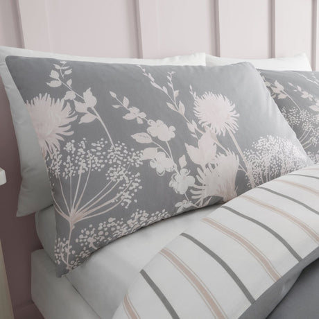 Catherine Lansfield Meadowsweet Floral White Duvet Cover Bedding Set - Meadowsweet White Grey Pink Duvet Set