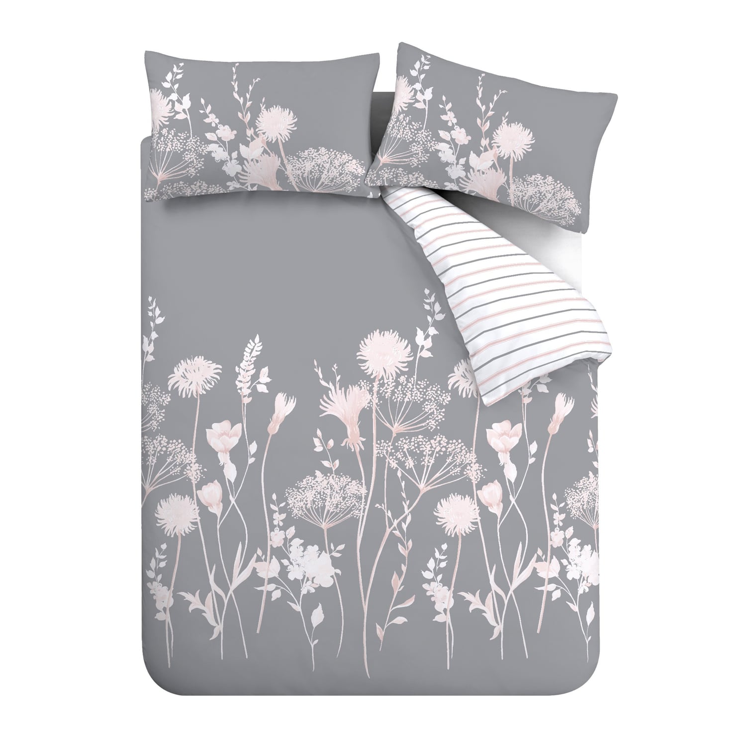 Catherine Lansfield Meadowsweet Floral White Duvet Cover Bedding Set - Meadowsweet White Grey Pink Duvet Set