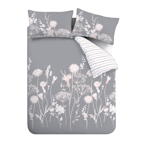 Catherine Lansfield Meadowsweet Floral White Duvet Cover Bedding Set - Meadowsweet White Grey Pink Duvet Set