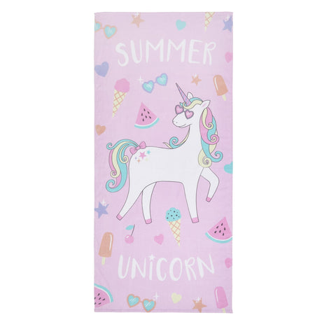 Catherine Lansfield Summer Unicorn 100% Cotton Beach Towel 76x160cm - Pink - Summer Unicorn Beach Towel