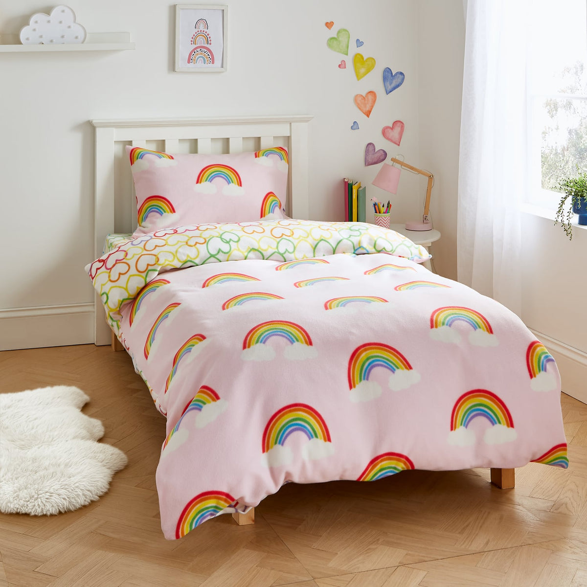 Catherine Lansfield Rainbow Hearts Cosy Kids Duvet Cover Set
