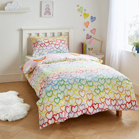 Catherine Lansfield Rainbow Hearts Cosy Kids Duvet Cover Set - Rainbow Heart Fleece Duvet Set