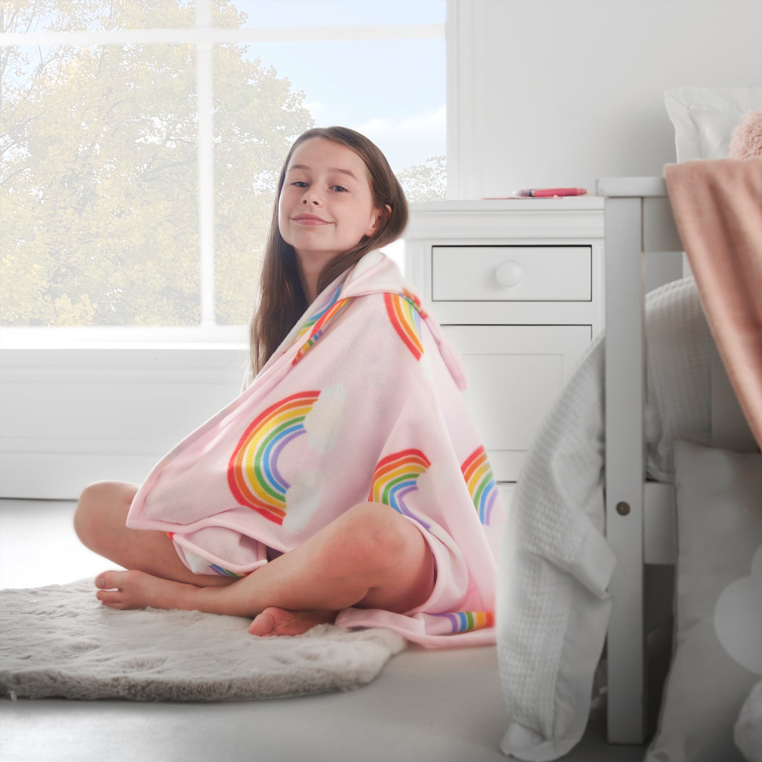 Catherine Lansfield Rainbow Hearts Kids Hooded Blanket - Rainbow Heart Fleece Hoody Blanket