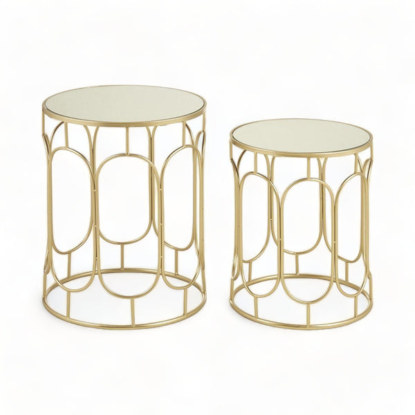 Set of 2 Champagne Oval Frame Side Tables with Mirror