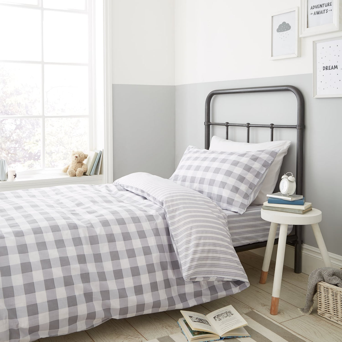 Turner Bianca Check and Stripe Kids Duvet Cover and Fitted Sheet Set - Grey