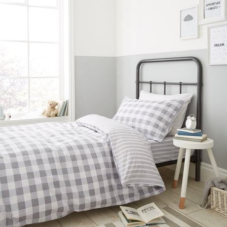 Turner Bianca Check and Stripe Kids Duvet Cover and Fitted Sheet Set - Grey