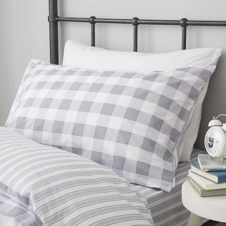 Turner Bianca Check and Stripe Kids Duvet Cover and Fitted Sheet Set - Grey - Check And Stripe Grey