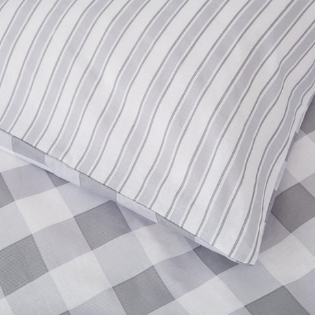 Turner Bianca Check and Stripe Kids Duvet Cover and Fitted Sheet Set - Grey - Check And Stripe Grey