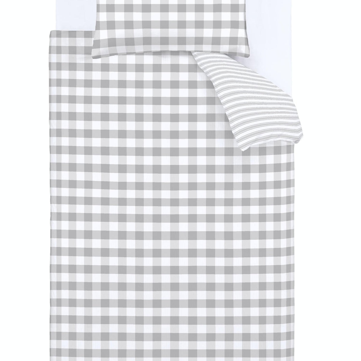Turner Bianca Check and Stripe Kids Duvet Cover and Fitted Sheet Set - Grey - Check And Stripe Grey
