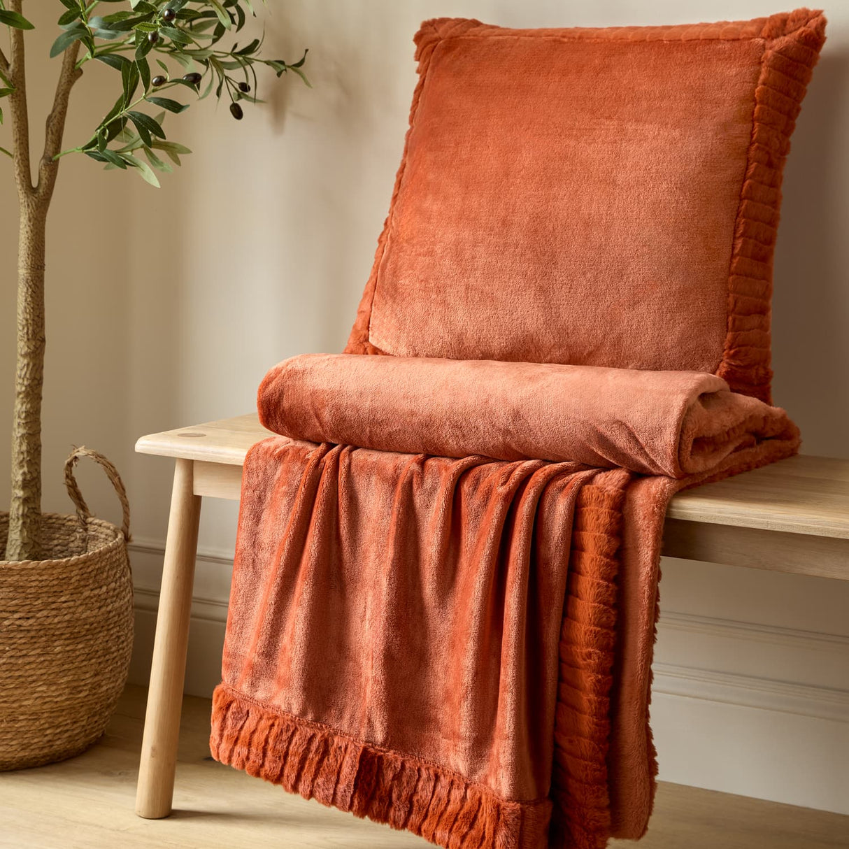 Catherine Lansfield Filled Cushion Winter Warmers 55cm x 55cm - Burnt Orange - Velvet And Faux Fur Burnt Orange Group