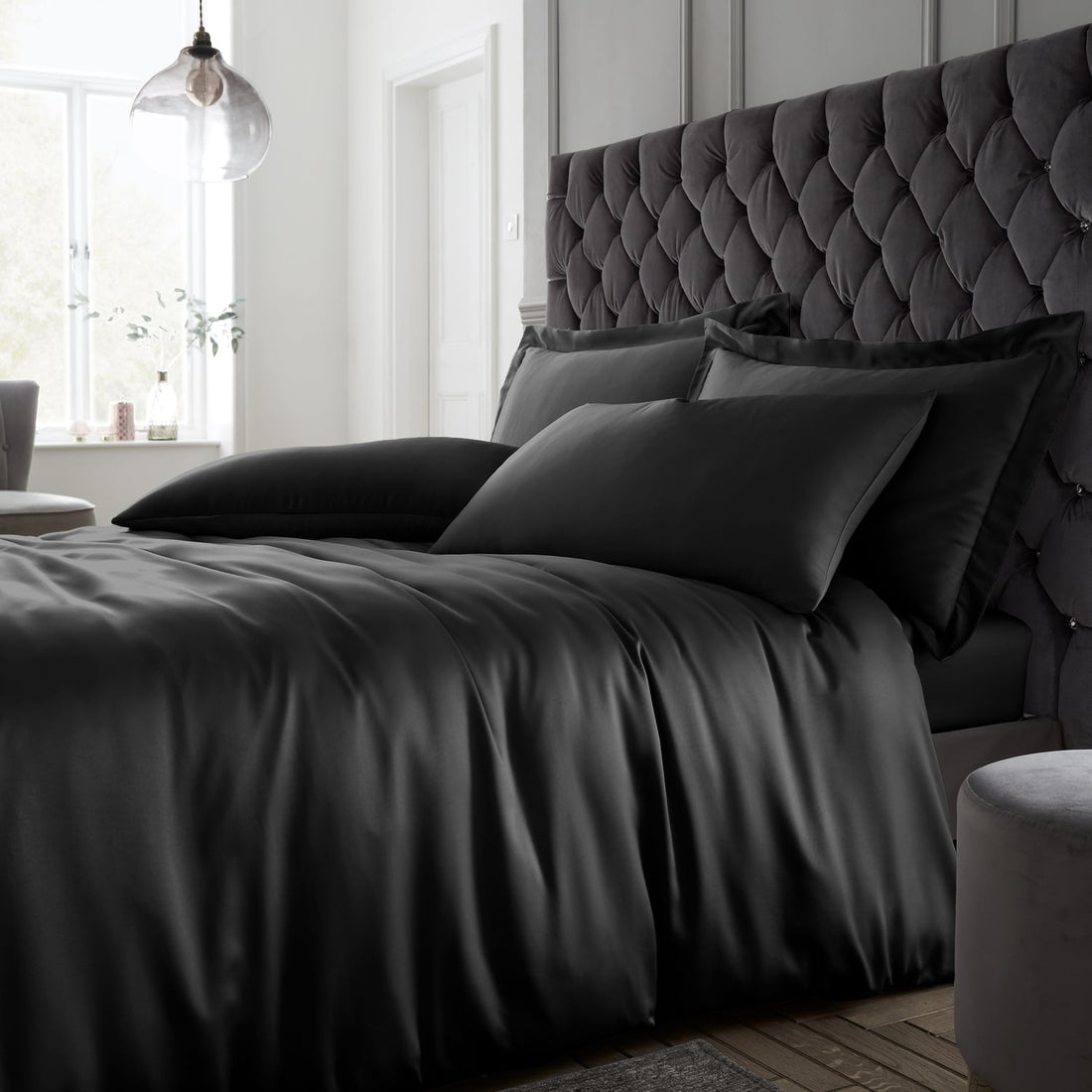 Catherine Lansfield Silky Soft Satin Black Duvet Cover Bedding Set