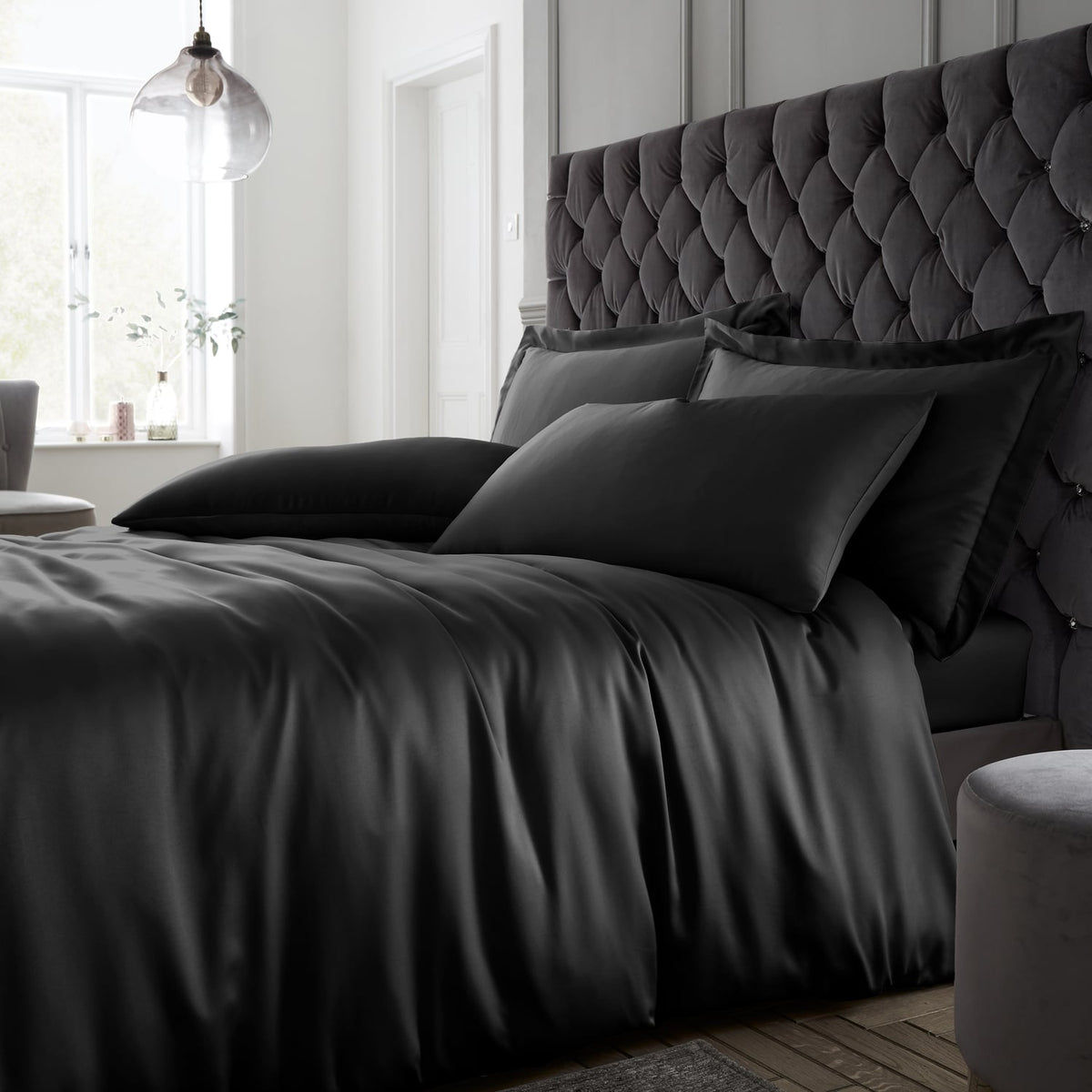 Catherine Lansfield Silky Soft Satin Black Duvet Cover Bedding Set