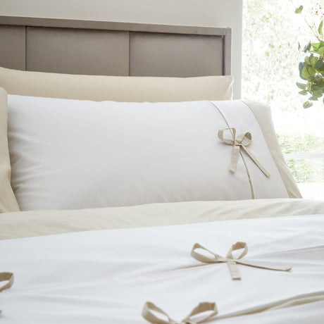 Catherine Lansfield Milo Bow Natural Duvet Cover Set - Natural - Milo Bow Natural