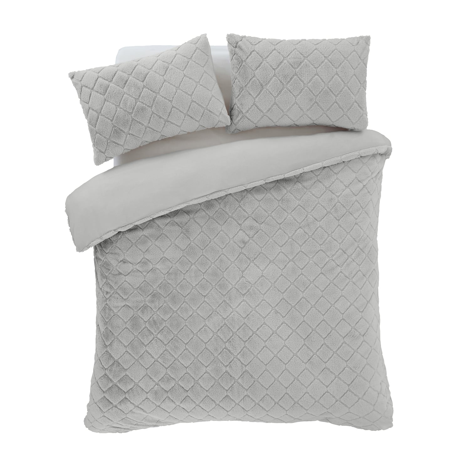 Catherine Lansfield Cosy Diamond Geometric Duvet Cover Set - Silver - Cosy Diamond Duvet Set Silver