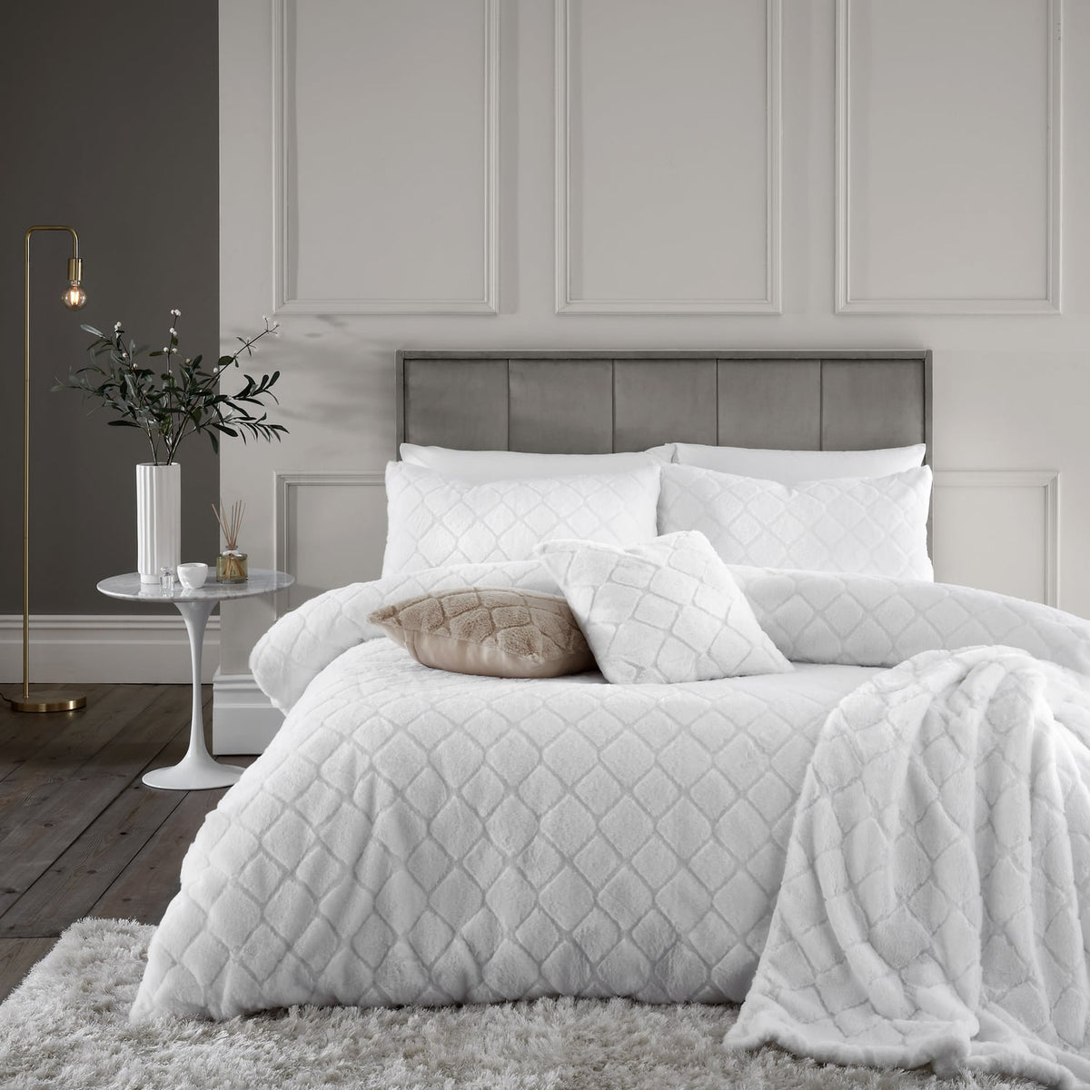 Catherine Lansfield Cosy Diamond Geometric Duvet Cover Set - White
