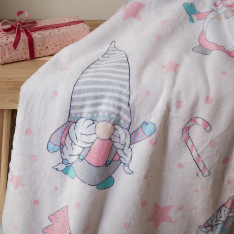 Catherine Lansfield Christmas Festive Gnomes Fleece Throw – Pink – 130cm x 170cm - Christmas Gnomes Pink Throw