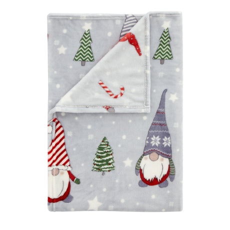Catherine Lansfield Christmas Festive Gnomes Fleece Throw – Grey – 130cm x 170cm - Cosy Christmas Gnomes Throw