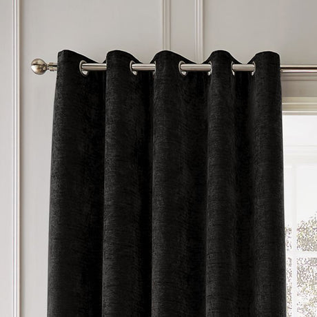 Hyperion Selene Thermal Weighted Eyelet Curtains - Black Jacquard Textured - Selene Chenille Curtain Black