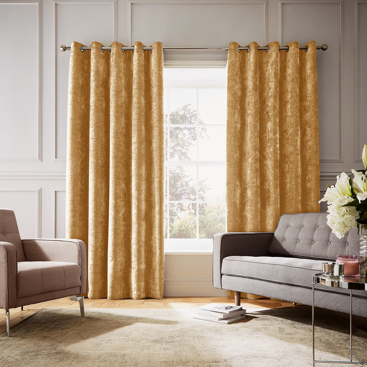 Hyperion Selene Thermal Weighted Eyelet Curtains - Amber Gold Jacquard Textured - Selene Curtains Amber Gold