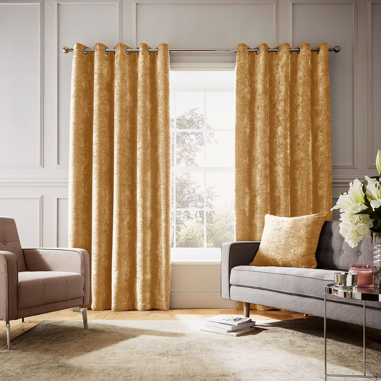 Hyperion Selene Thermal Weighted Eyelet Curtains - Amber Gold Jacquard Textured - Selene Curtains Amber Gold (With Cushion)