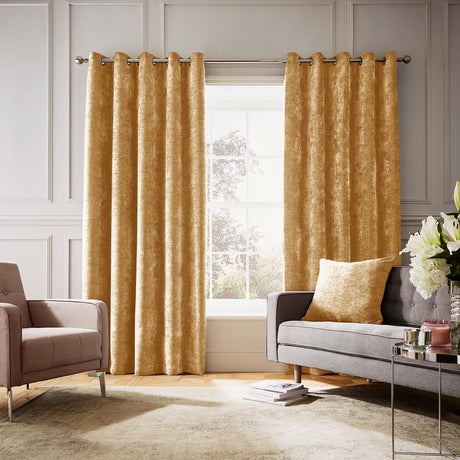 Hyperion Selene Thermal Weighted Eyelet Curtains - Amber Gold Jacquard Textured - Selene Curtains Amber Gold (With Cushion)