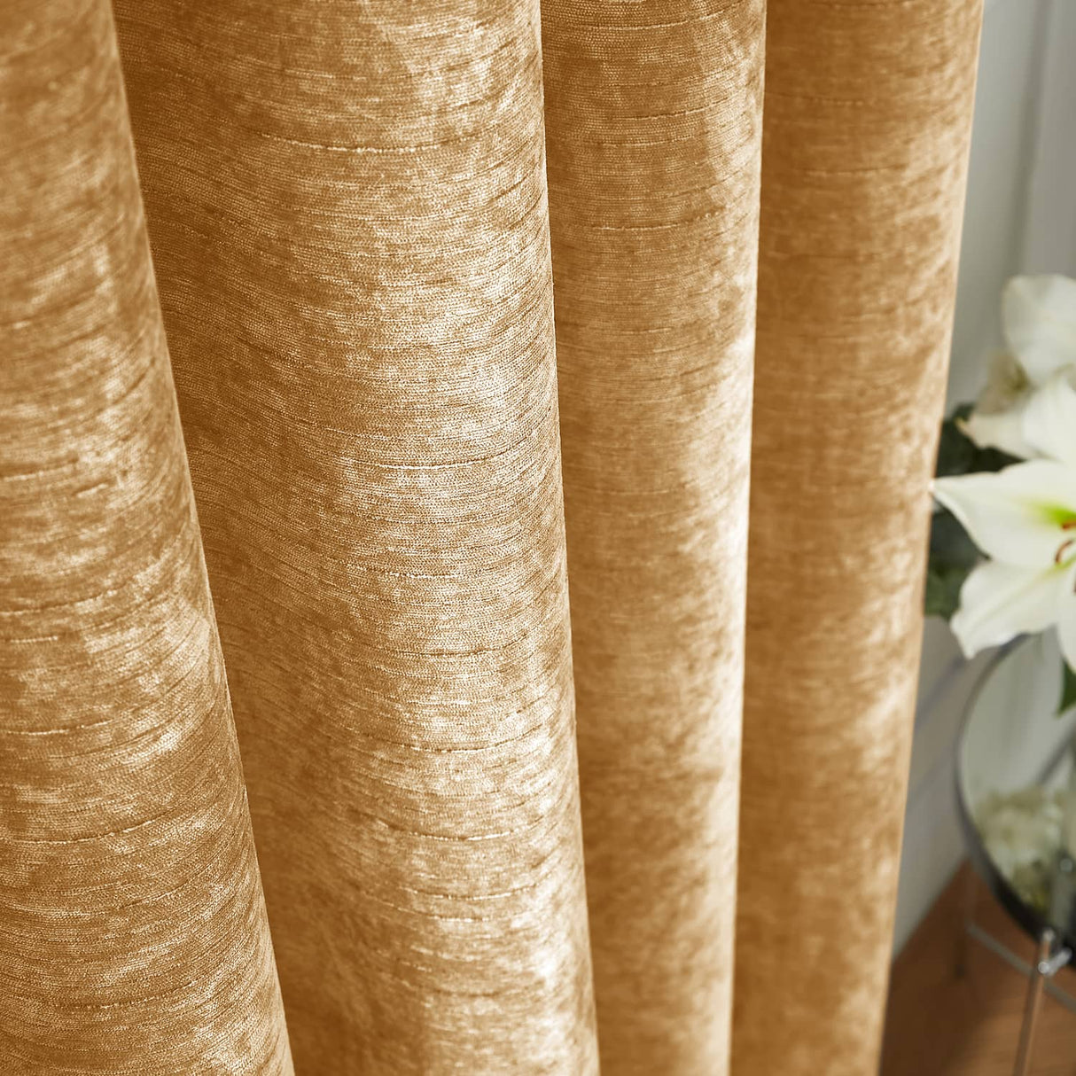 Hyperion Selene Thermal Weighted Eyelet Curtains - Amber Gold Jacquard Textured - Selene Curtains Amber Gold