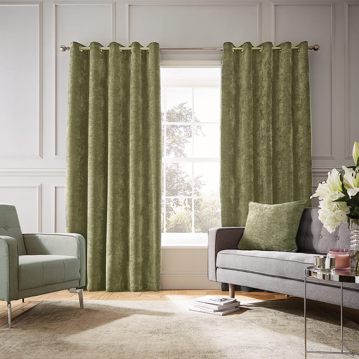 Hyperion Selene Thermal Weighted Eyelet Curtains - Olive Green Jacquard Textured - Selene Curtains Olive