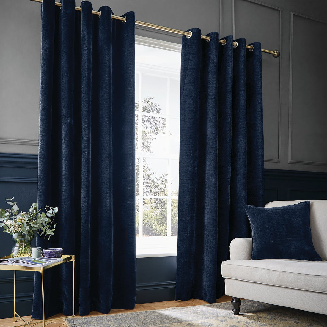 Hyperion Selene Weighted Deep Navy Thermal Eyelet Curtains Jacquard Textured