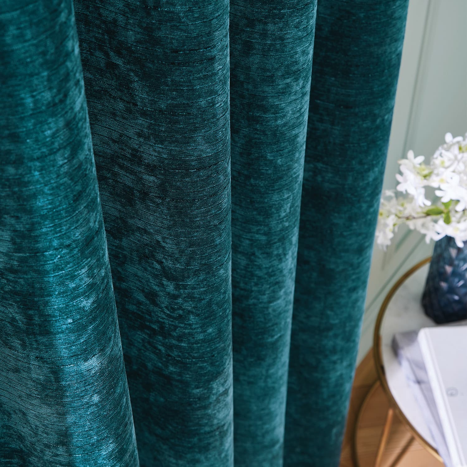 Hyperion Selene Thermal Weighted Eyelet Curtains - Rich Teal Green Jacquard Textured - Selene Luxury Chenille Weighted Curtains Rich Teal