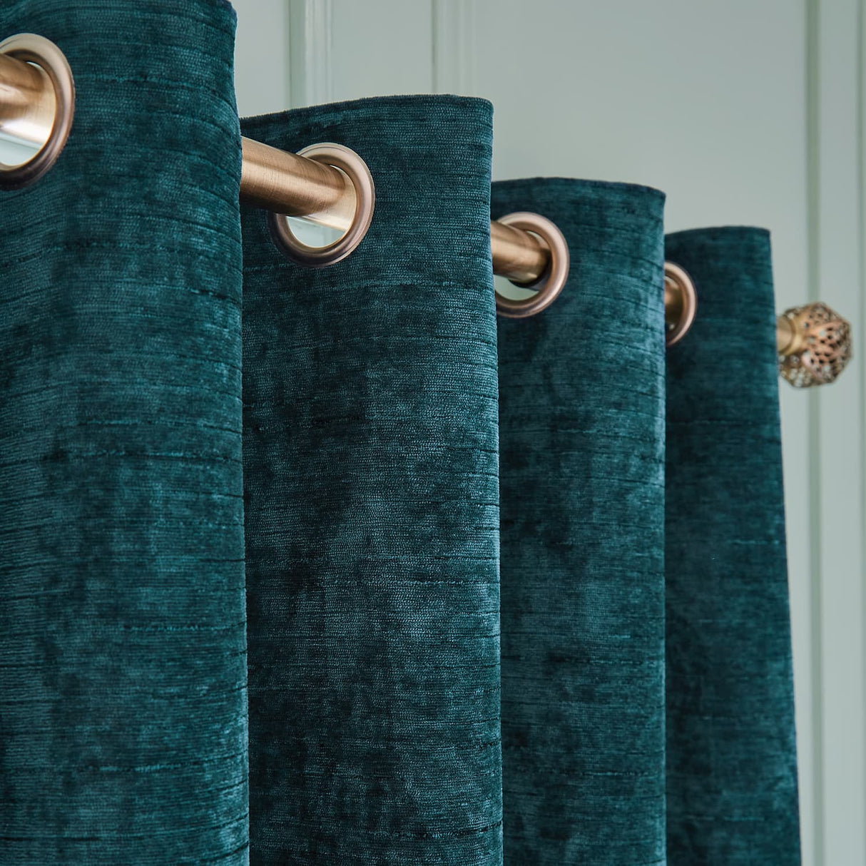 Hyperion Selene Thermal Weighted Eyelet Curtains - Rich Teal Green Jacquard Textured - Selene Luxury Chenille Weighted Curtains Rich Teal