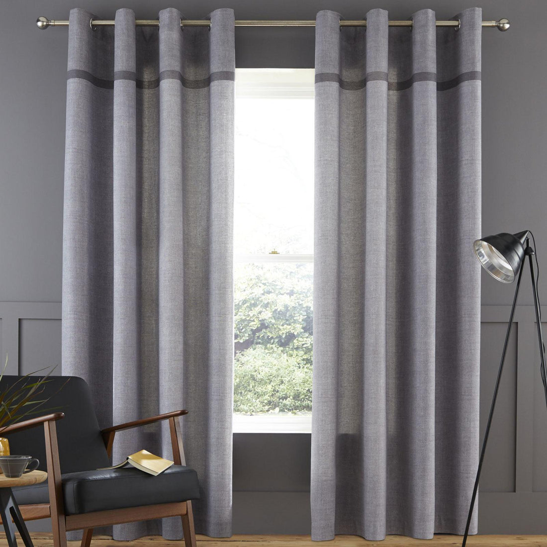 Catherine Lansfield Melville Woven Texture Grey 100% Cotton Eyelet Curtains