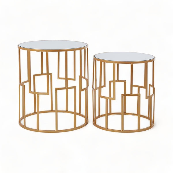 Set of 2 Gold Metal Side Tables with Mirror