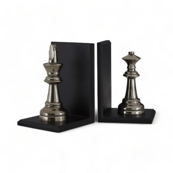 Handcrafted Nickel Chess Bookends - King and Queen