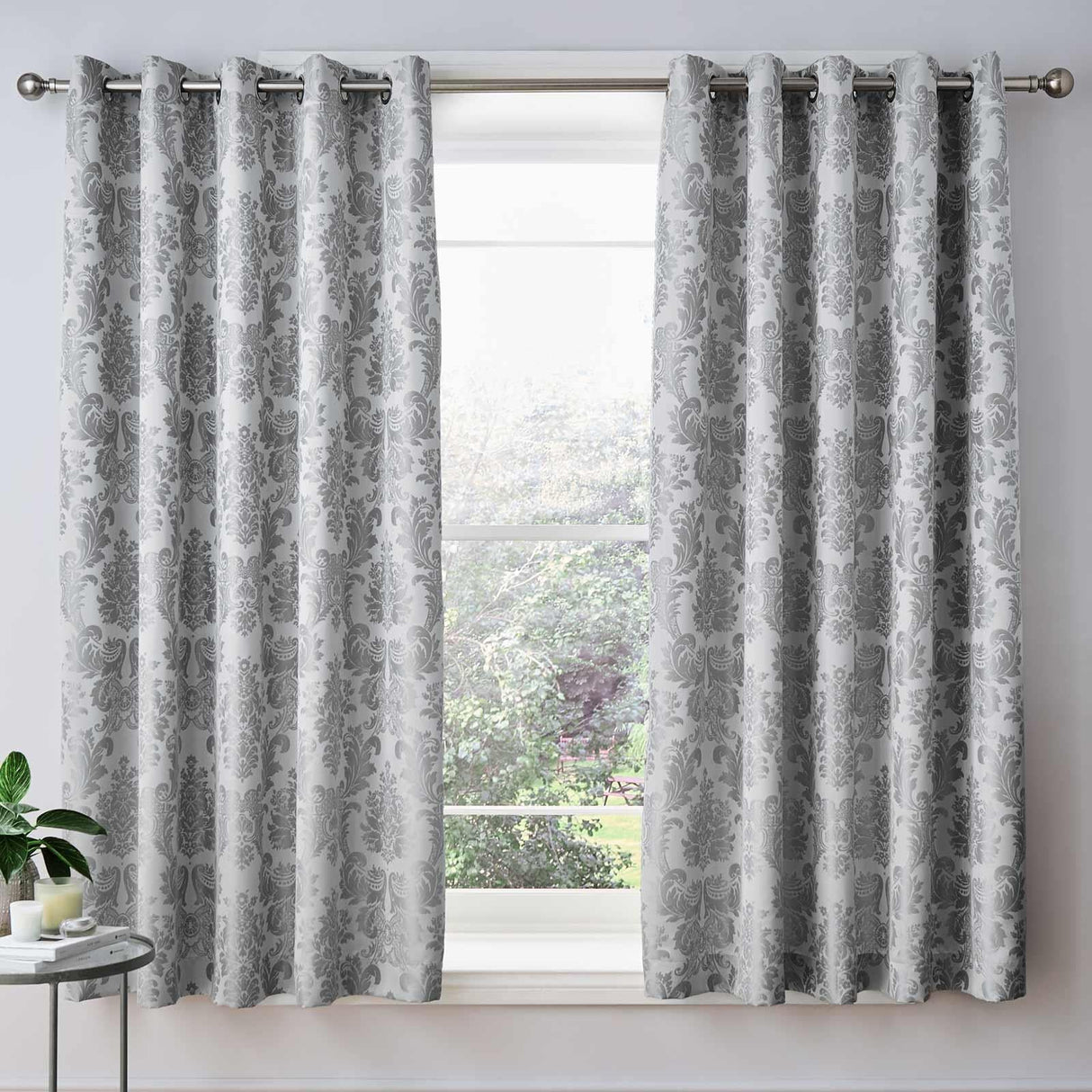 Catherine Lansfield Damask Jacquard Ready Made Eyelet Curtains - Silver
