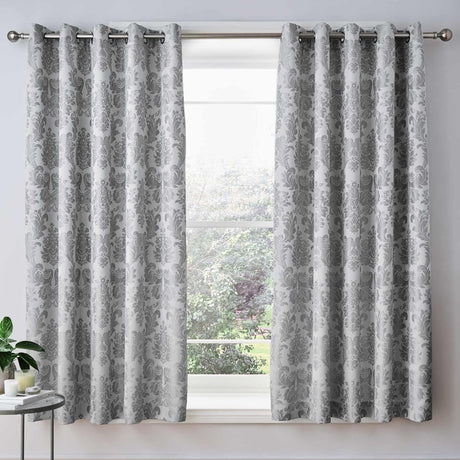 Catherine Lansfield Damask Jacquard Ready Made Eyelet Curtains - Silver